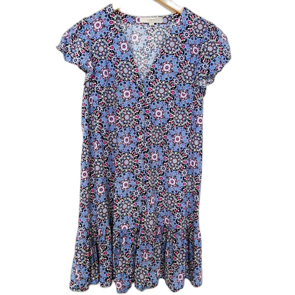 Women's LOFT Blue Medallion Print V Neck Button Front Dress Size S